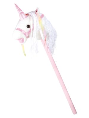 Unicorn de jucărie pe băț cu efecte sonore, alb și roz, pentru jocuri de călărie, 3 ani+, 90 cm
