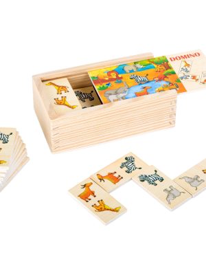 Joc Domino din Lemn FSC® – Animale Safari, Cu Cutie de Depozitare, 28 Piese