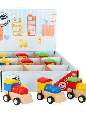 Set 9 Trenulețe Wind-Up din Lemn FSC® – Colorate, cu Roți din Plastic, 7 cm