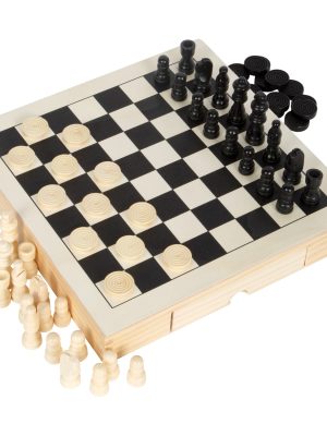 Set Jocuri Clasice din Lemn – Șah, Dame și Moară, cu Sertare de Depozitare, 28 cm