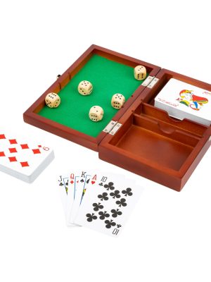 Set Joc de Cărți și Zaruri – 2 Pachete + 5 Zaruri, în Cutie Premium cu Suprafață de Joc Verde, 19 cm