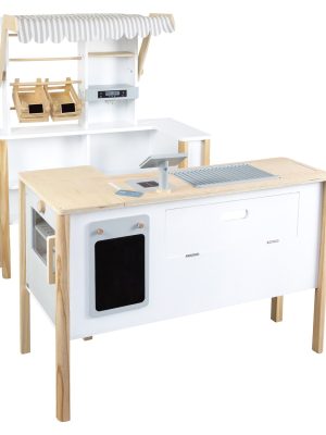 Magazin de Joacă din Lemn 5-în-1 – Tarabă Multifuncțională cu Bucătărie, Casă, Chioșc și Accesorii, 106 cm