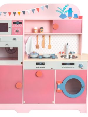Bucătărie de Joacă din Lemn – Design Retro Roz, cu Aragaz, Cuptor, Chiuvetă și Accesorii, 100 cm