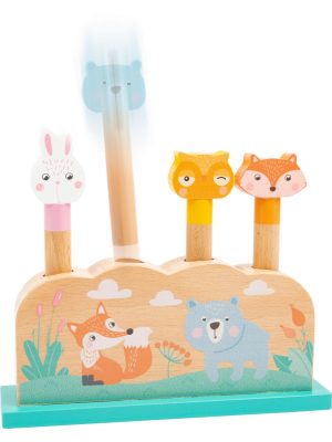 Joc de Sortare cu Animale Săltărețe din Lemn – Culori Pastelate, cu Arcuri și Bază Stabilă, 19 cm