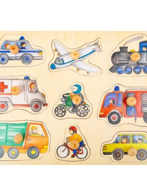 Puzzle din Lemn cu Butoane – Vehicule din Oraș, 30 cm, Joc Educativ pentru Copii Mici