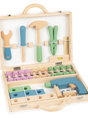Cutie de Scule din Lemn pentru Copii – Design Scandinavian, cu Accesorii DIY și Mânere de Transport, 33 cm