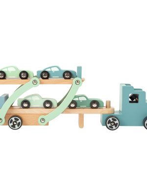 Transportor Auto din Lemn cu 4 Mașini – Design „Oțel Albastru”, Punte Rabatabilă, 56 cm