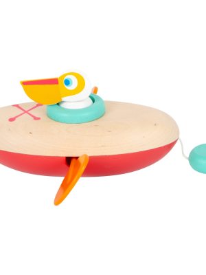 Pelican în Canoe – Jucărie de Apă cu Mecanism de Învârtire, din Lemn și Plastic, pentru Cadă și Piscină