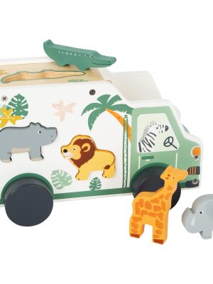 Autobuz Safari din Lemn – Joc de Potrivire Forme cu Animale, Mașină de Tracțiune pentru Copii