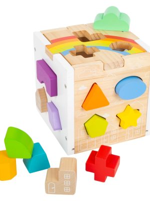 Cub de Sortare din Lemn – Joc Motric cu 13 Forme și Design Curcubeu