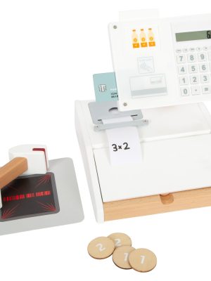 Casă de marcat din lemn cu calculator funcțional și sertar pentru bani