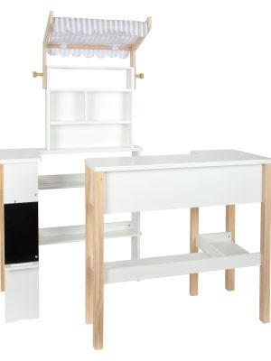 Magazin de Joacă Modular din Lemn – Design Compact cu Marchiză Textilă și Rafturi