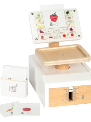 Cântar de Jucărie din Lemn cu Tăviță Mobilă | Accesoriu pentru Magazinul de Joacă și Bucătăria de Joacă