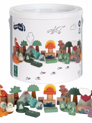 Set blocuri de construcție din lemn cu tematică dinozauri pentru joc creativ, 3 ani+, 50 piese, lemn FSC®