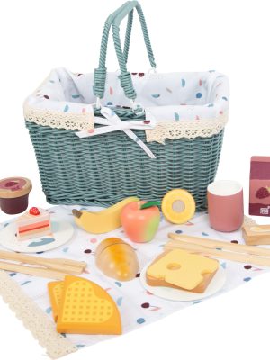 Set coș de picnic din lemn cu 24 piese pentru joc de rol interior și exterior, 3 ani+