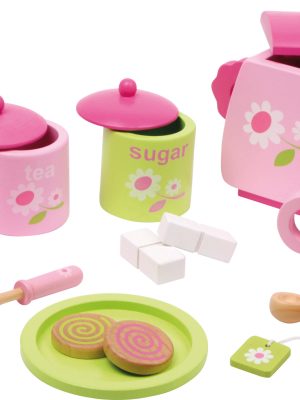 Set Elegant de Ceai din Lemn  pentru copii – Joacă de Rol cu Model Floral