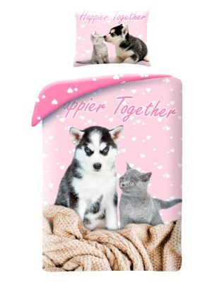 Animale Happier Together Set de lenjerie de pat cu pisici și câini 140x200cm, 70x90 cm